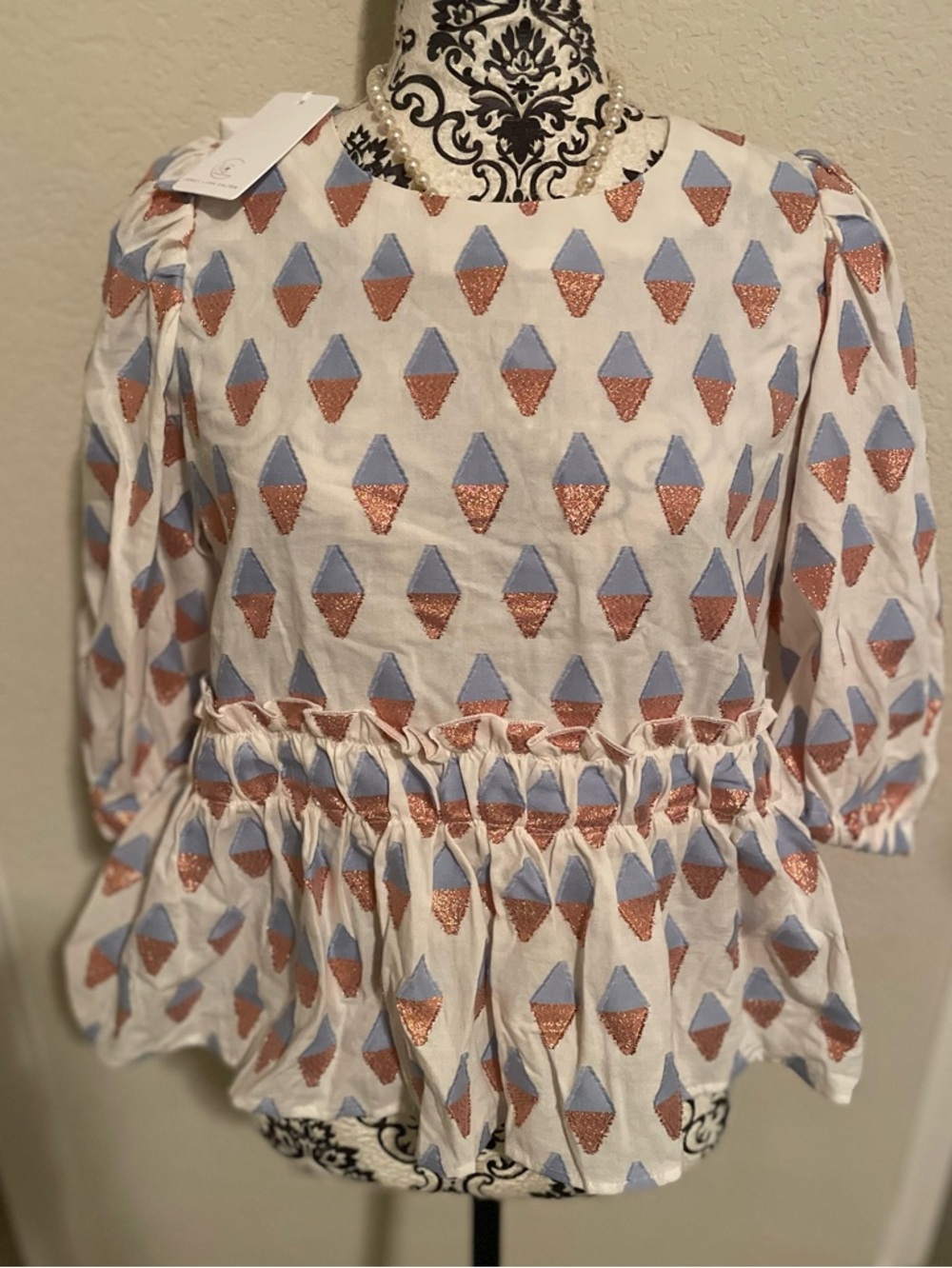 Corey Lynn Calter White Top with Blue and Copper Geometric Print